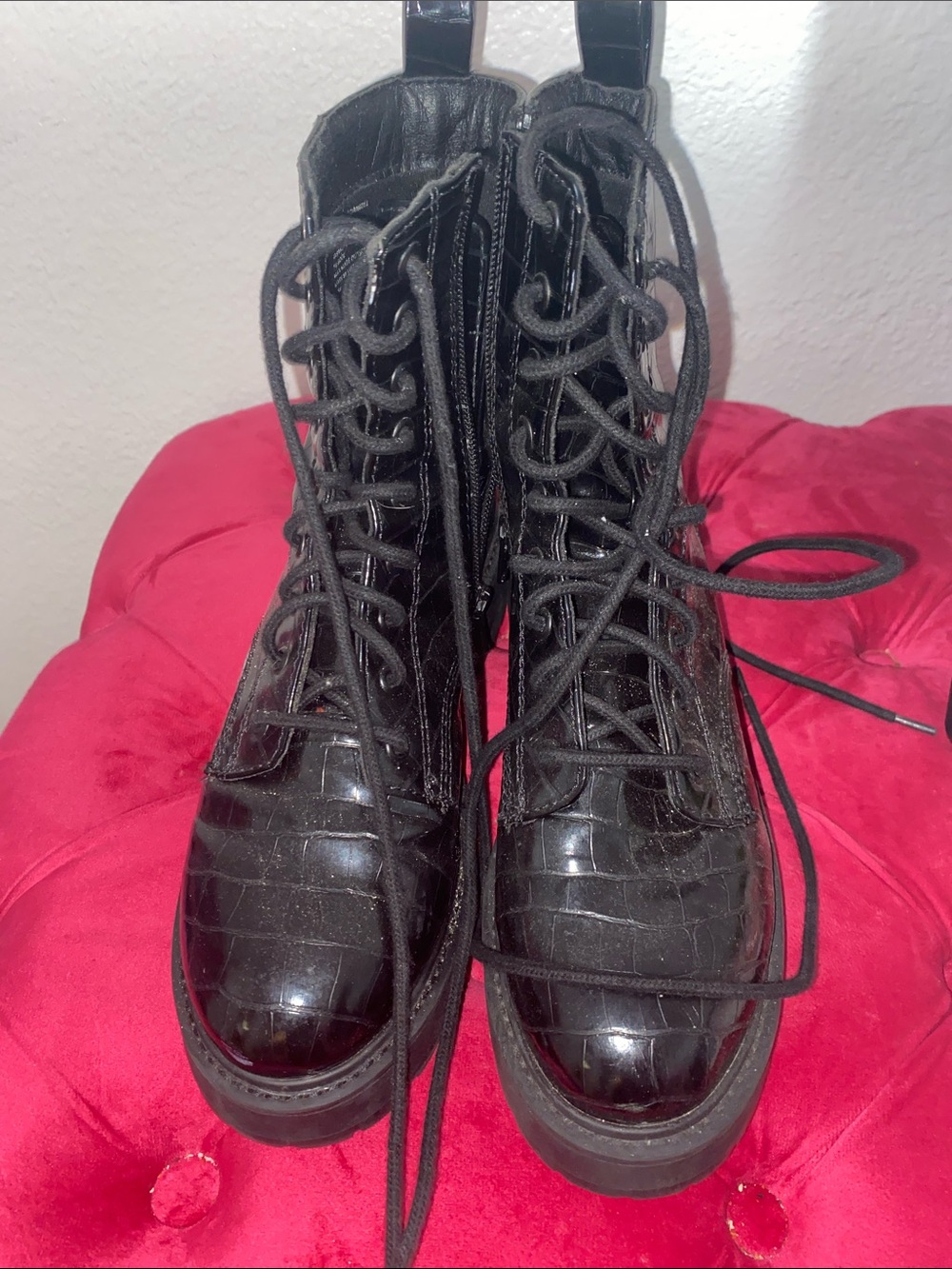 Steve Madden Black Croc-Embossed Lace-Up Combat Boots
